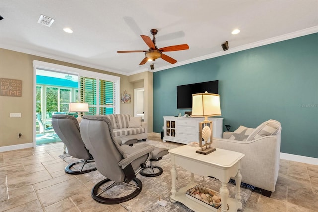 living room featuring ornamental molding and ceiling fan