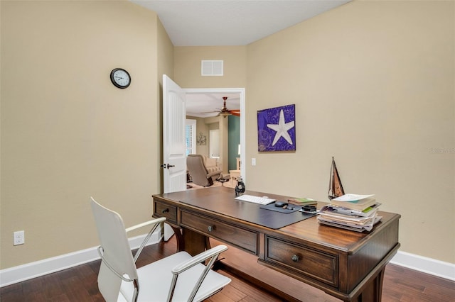 office area featuring ceiling fan and dark hardwood / wood-style flooring