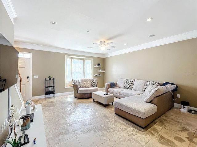 living room with ceiling fan and crown molding