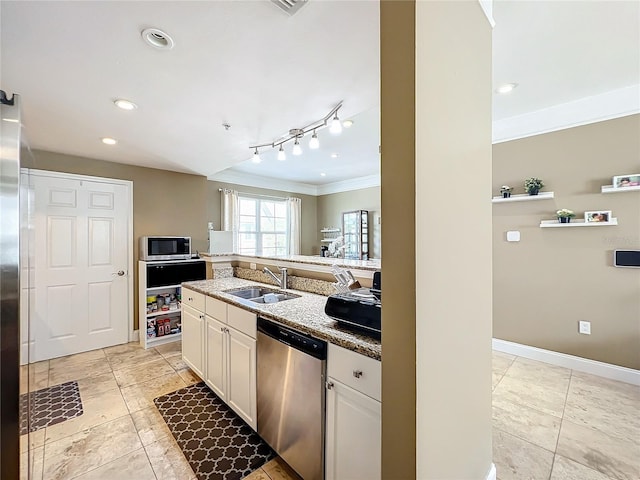 kitchen featuring white cabinets, crown molding, sink, appliances with stainless steel finishes, and light stone counters