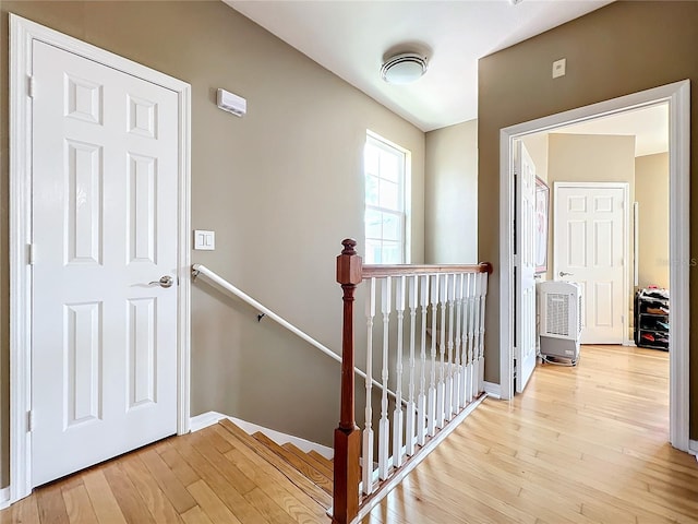 staircase with hardwood / wood-style floors