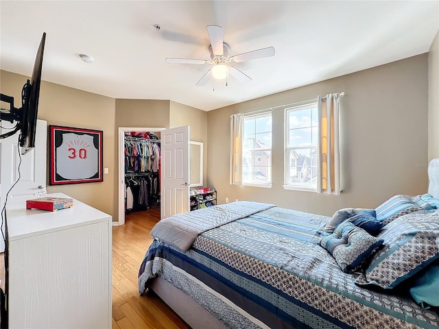 bedroom featuring a spacious closet, ceiling fan, light wood-type flooring, and a closet