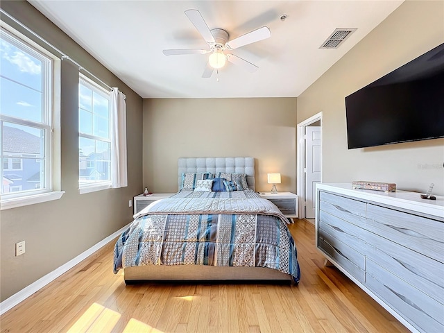 bedroom featuring ceiling fan and light wood-type flooring