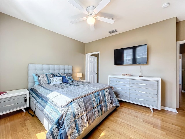 bedroom featuring light wood-type flooring and ceiling fan