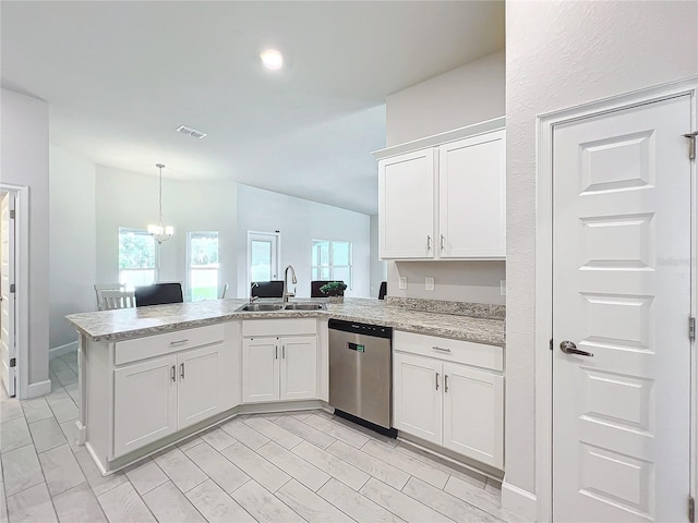 kitchen featuring kitchen peninsula, sink, an inviting chandelier, stainless steel dishwasher, and white cabinets