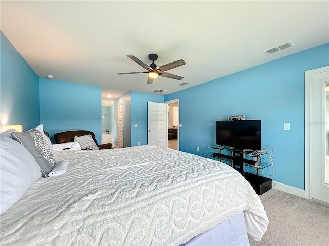 carpeted bedroom with ceiling fan