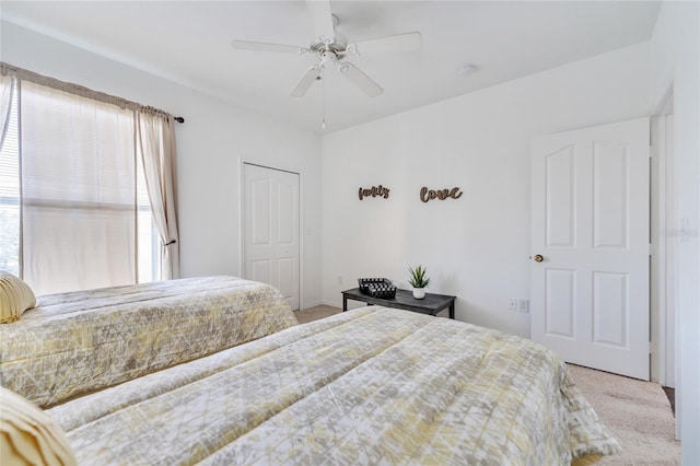 carpeted bedroom with ceiling fan, a closet, and multiple windows