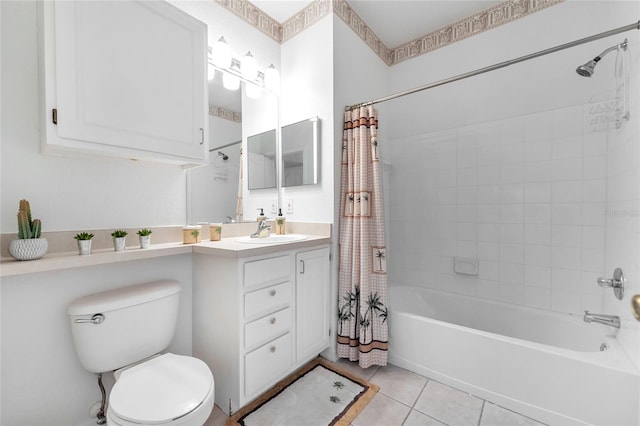 full bathroom with shower / bathtub combination with curtain, tile patterned flooring, vanity, and toilet