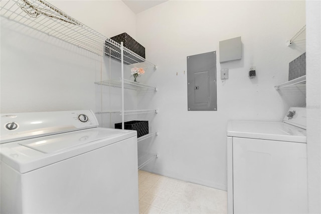 laundry area with electric panel and washer and dryer