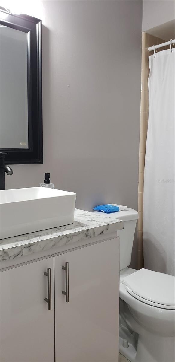 bathroom with vanity, toilet, and a shower with shower curtain