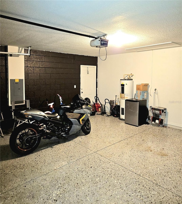 garage with electric panel, a garage door opener, and electric water heater