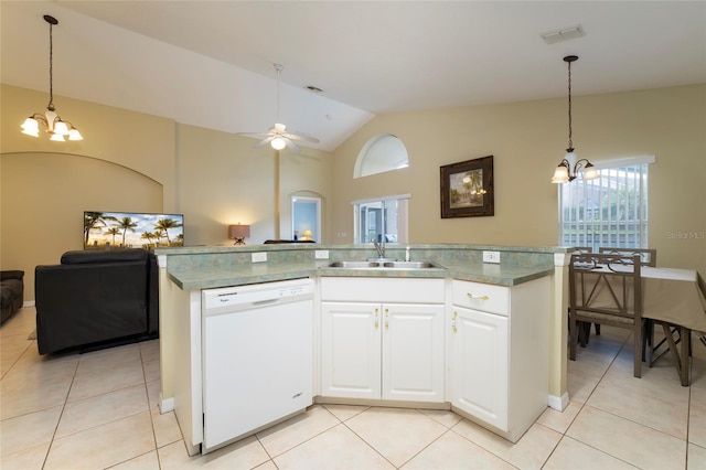 kitchen with sink, a center island with sink, dishwasher, white cabinetry, and lofted ceiling