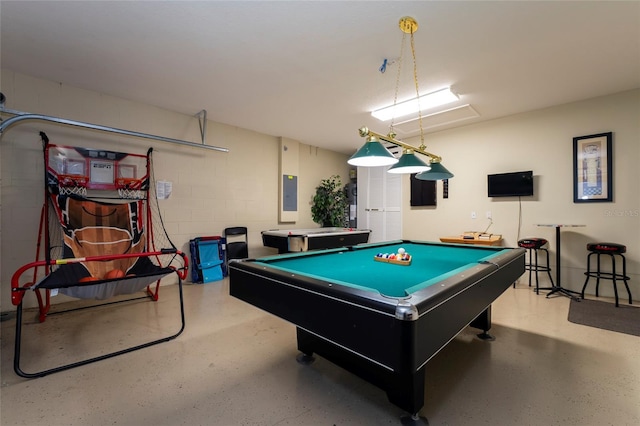 game room with electric panel and billiards