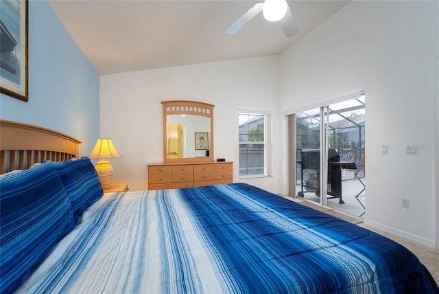 bedroom featuring access to exterior, carpet flooring, high vaulted ceiling, and ceiling fan