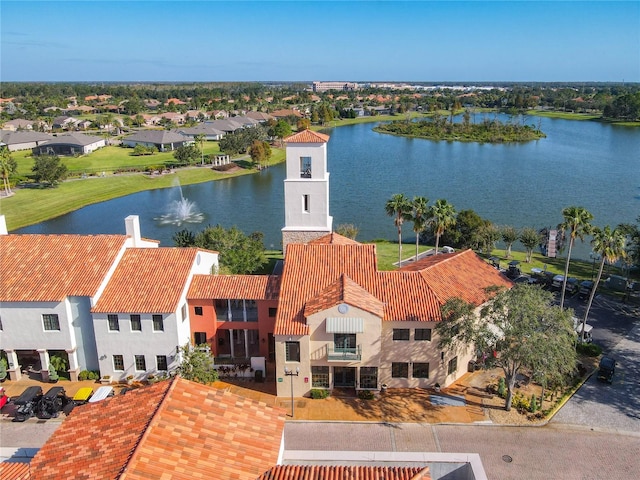 drone / aerial view featuring a water view