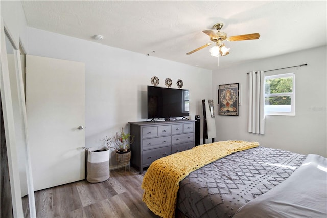 bedroom featuring ceiling fan, wood-type flooring, and a textured ceiling