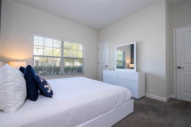 bedroom with dark colored carpet