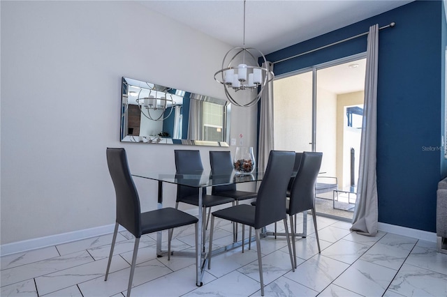 dining space with baseboards, a chandelier, and marble finish floor