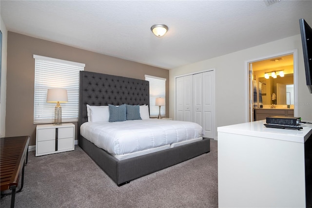 carpeted bedroom featuring multiple windows, a closet, and ensuite bath