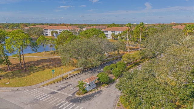 aerial view featuring a water view