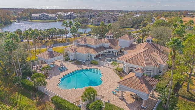 aerial view featuring a water view