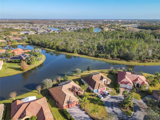 drone / aerial view featuring a water view