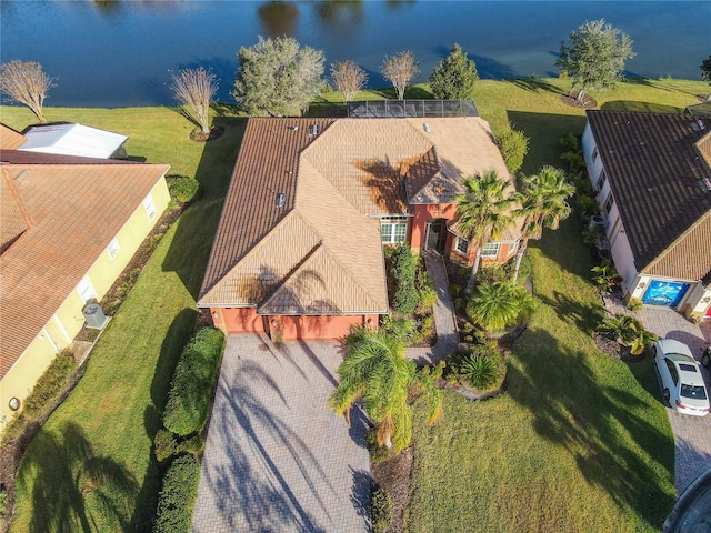 aerial view with a water view