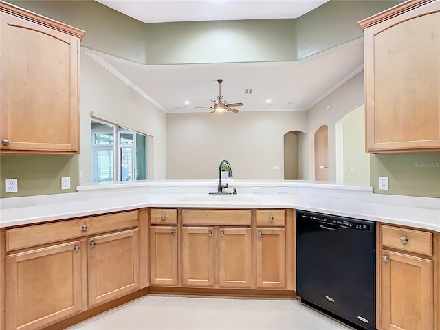 kitchen featuring dishwasher, sink, ceiling fan, ornamental molding, and kitchen peninsula