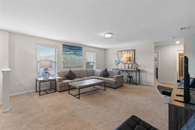 carpeted living room with a textured ceiling