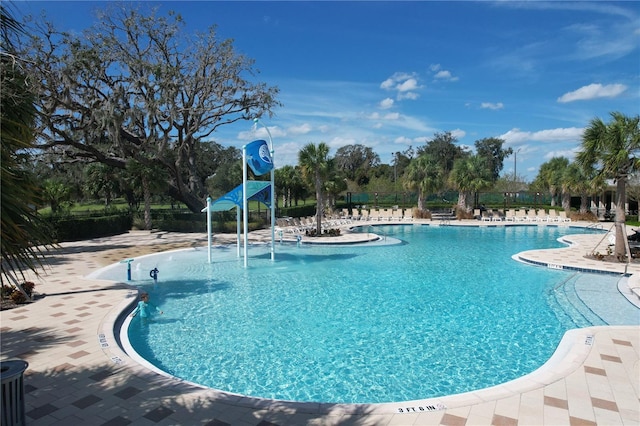 view of swimming pool featuring a patio area