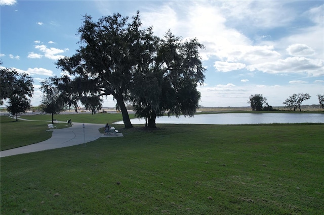 view of community with a water view and a yard