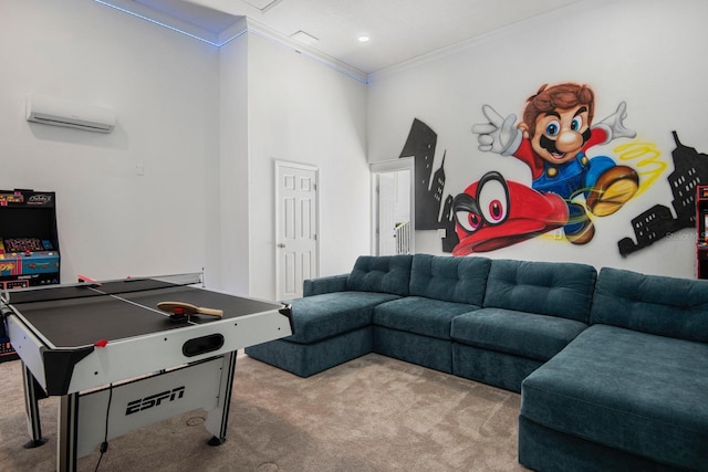 playroom featuring light colored carpet, ornamental molding, and an AC wall unit