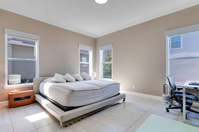 tiled bedroom featuring crown molding