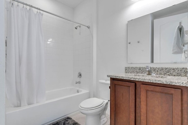 full bathroom featuring toilet, shower / bath combination with curtain, vanity, and tile patterned floors