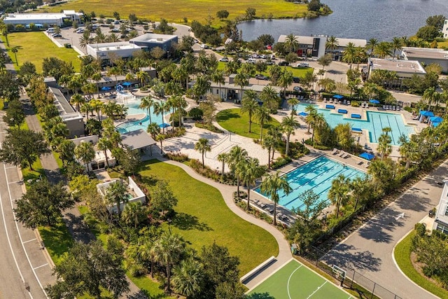 bird's eye view with a water view