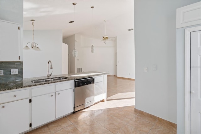 kitchen featuring decorative backsplash, hanging light fixtures, white cabinetry, stainless steel dishwasher, and sink