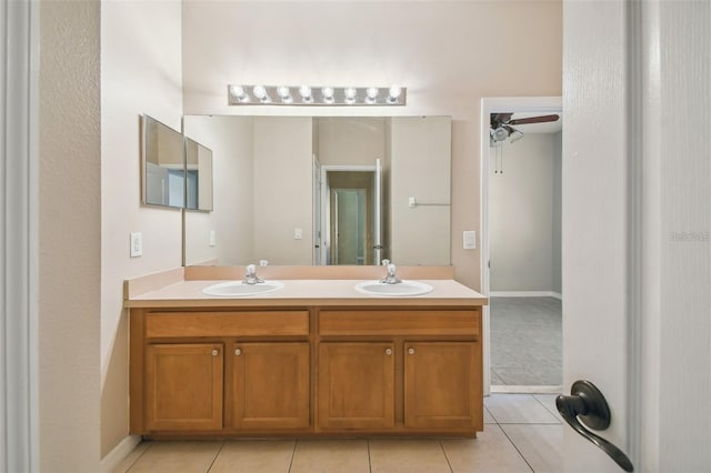 bathroom with vanity, tile patterned floors, and ceiling fan