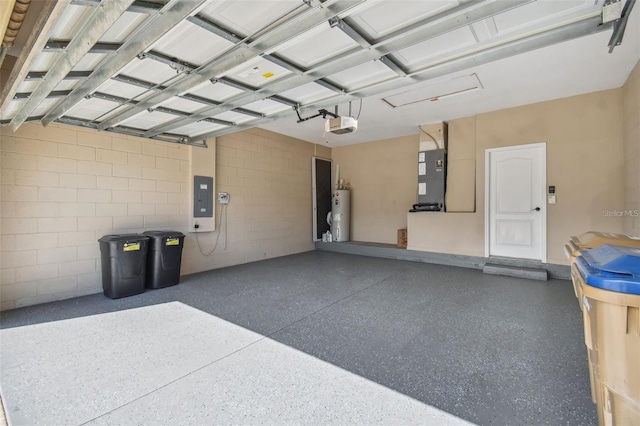 garage featuring water heater, electric panel, heating unit, and a garage door opener