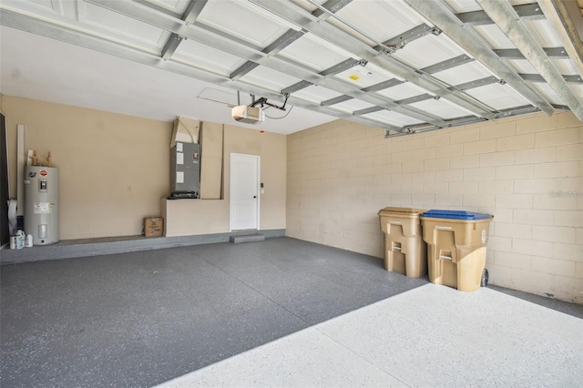 garage with a garage door opener, electric water heater, and heating unit