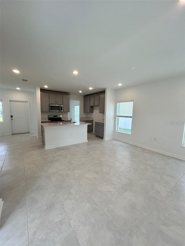 kitchen featuring stainless steel appliances, sink, and a kitchen island with sink