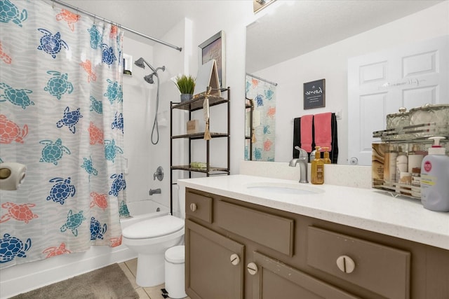 full bathroom with vanity, shower / bathtub combination with curtain, toilet, and tile patterned flooring