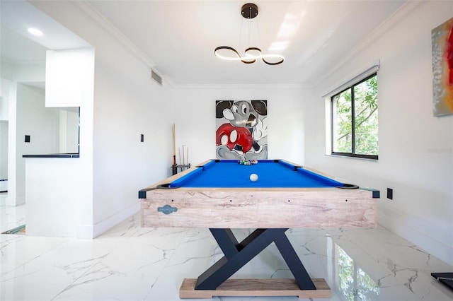 rec room featuring billiards, baseboards, visible vents, ornamental molding, and marble finish floor