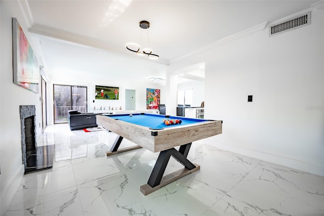 playroom featuring marble finish floor, crown molding, visible vents, billiards, and baseboards