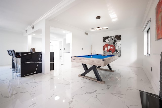 rec room with marble finish floor, visible vents, crown molding, and pool table