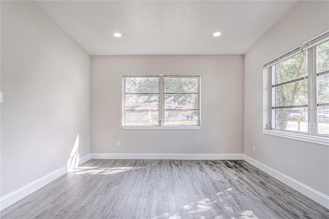 unfurnished room with a wealth of natural light, a textured ceiling, and light hardwood / wood-style flooring