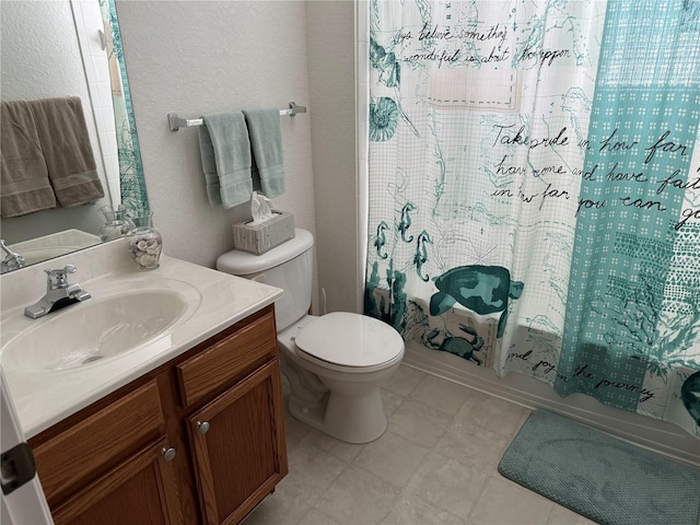 full bathroom featuring vanity, shower / tub combo, and toilet