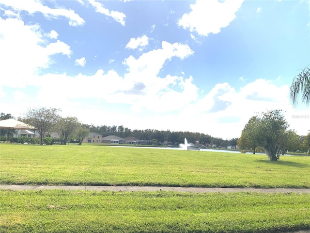 view of community with a water view and a lawn