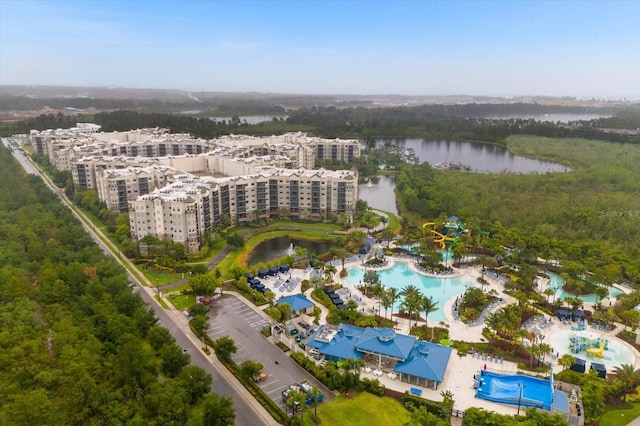 drone / aerial view with a water view