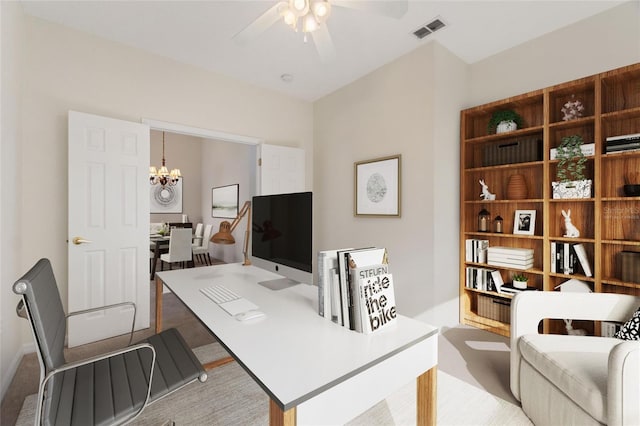 office with light carpet and ceiling fan with notable chandelier