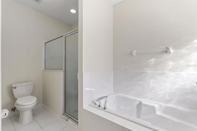 bathroom with tile patterned floors, plus walk in shower, and toilet